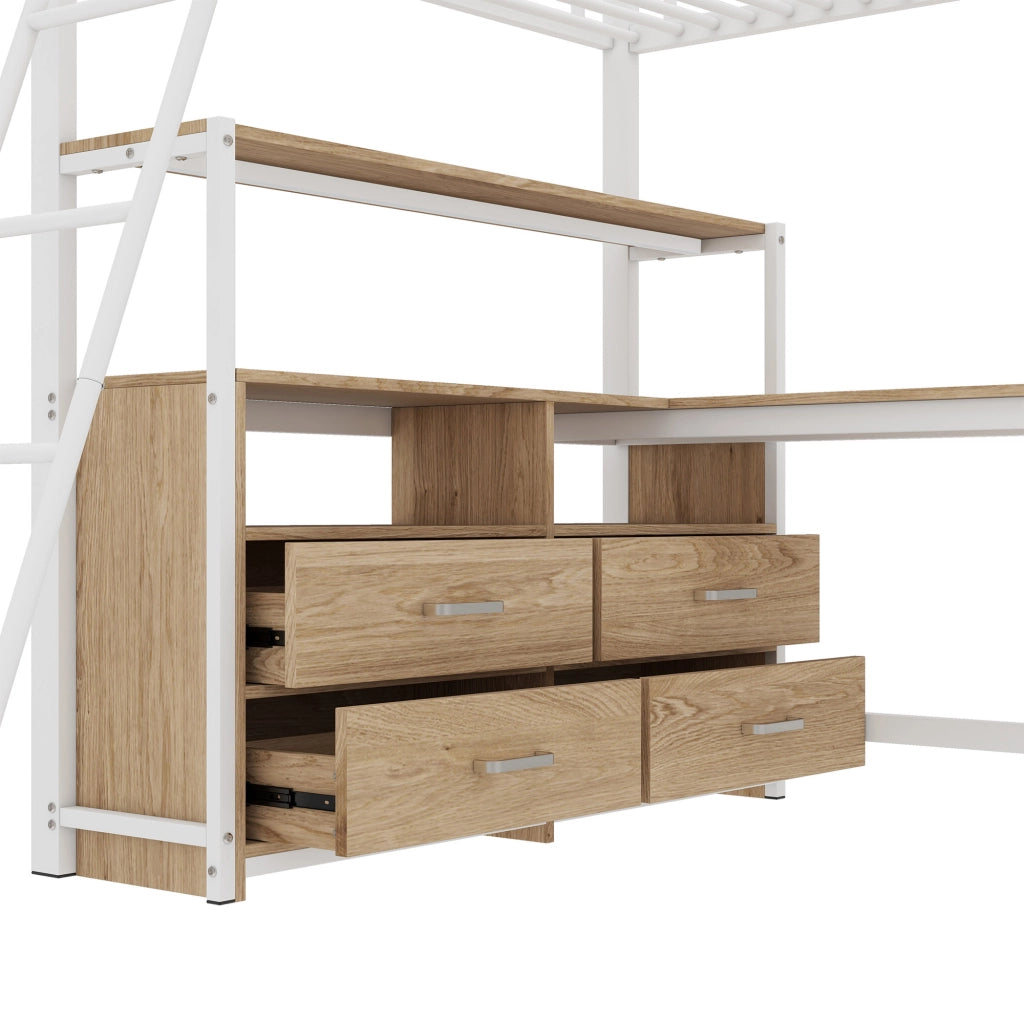 LETTO A CASTELLO 140x200 cm con scrivania a L, cassetti, MDF e metallo, bianco