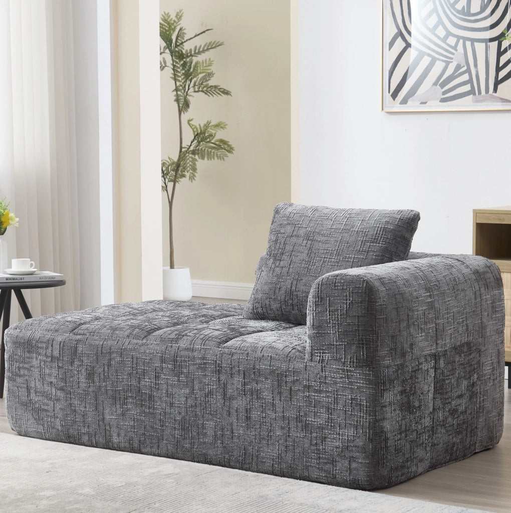 Divano chaise longue 158x90x60 cm con tasche laterali e cuscino in chenille grigio