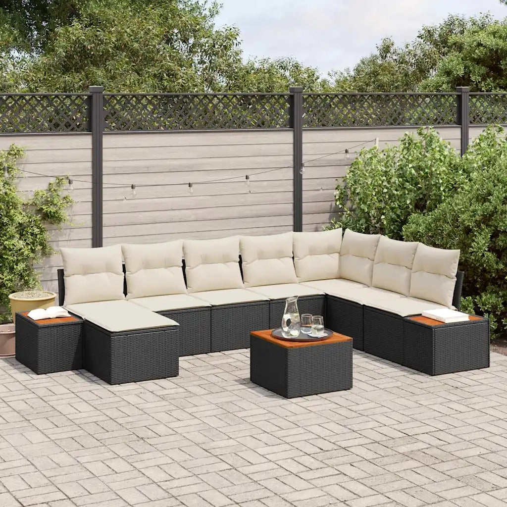 Set Divano da Giardino 9 pcs Nero e Crema Polyrattan