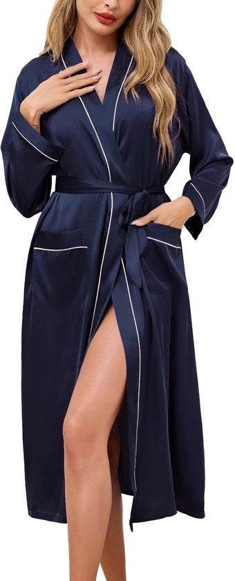 Kimono da camera per donna, lunga, con V dietro, blu marino, XXL