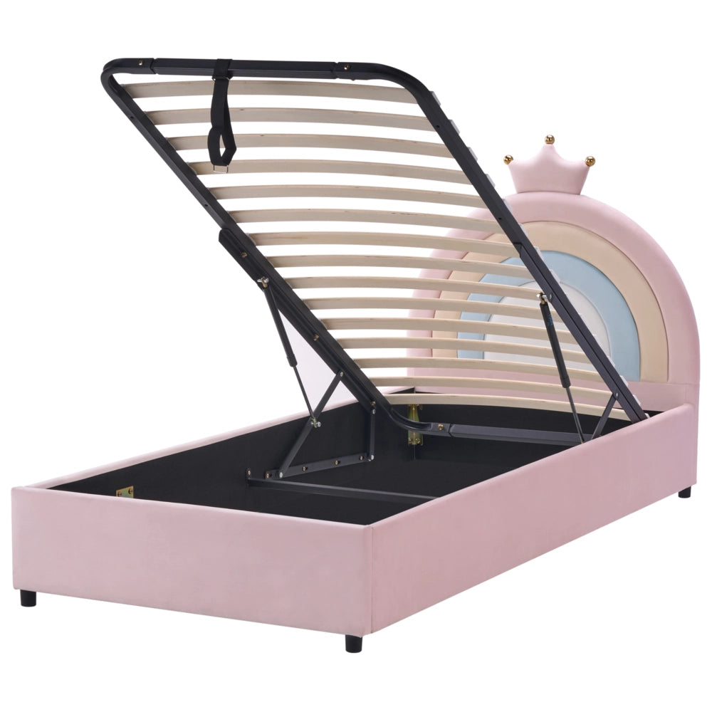 Letto singolo in velluto blu imbottito con base a doghe e contenitore rosa 90 x 200 cm Cameretta Bambini Moderna Tradizionale