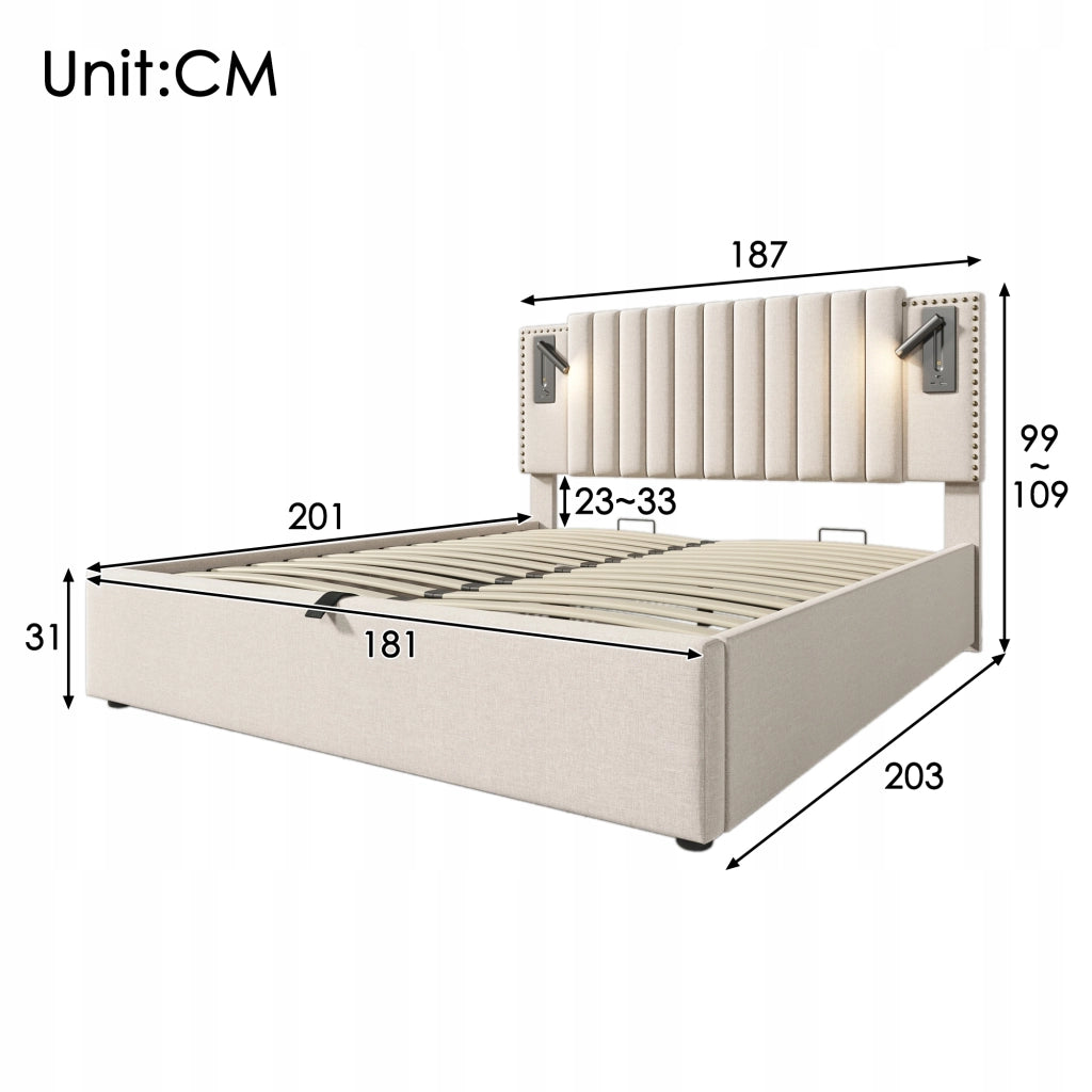 Letto imbottito con contenitore e luce - Xylo - 180x200 - Beige
