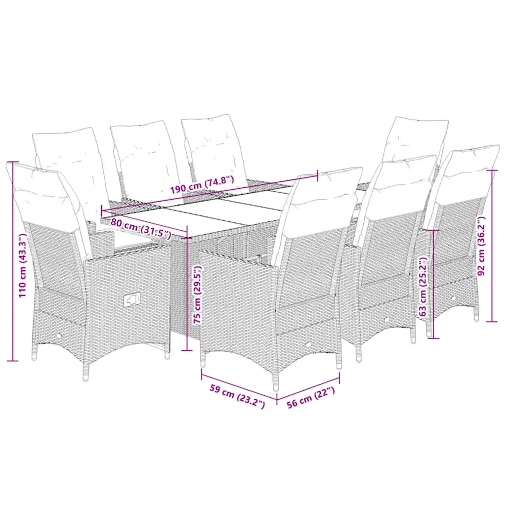 Set da Pranzo da Giardino 9 pz con Cuscini in Polyrattan Grigio 3276746