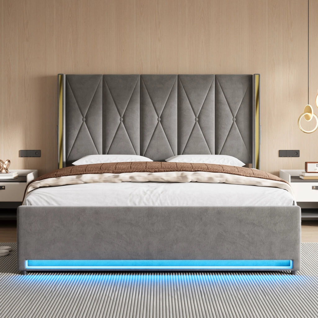 LETTO imbottito 180x200 cm in velluto grigio scuro con testiera alta e LED