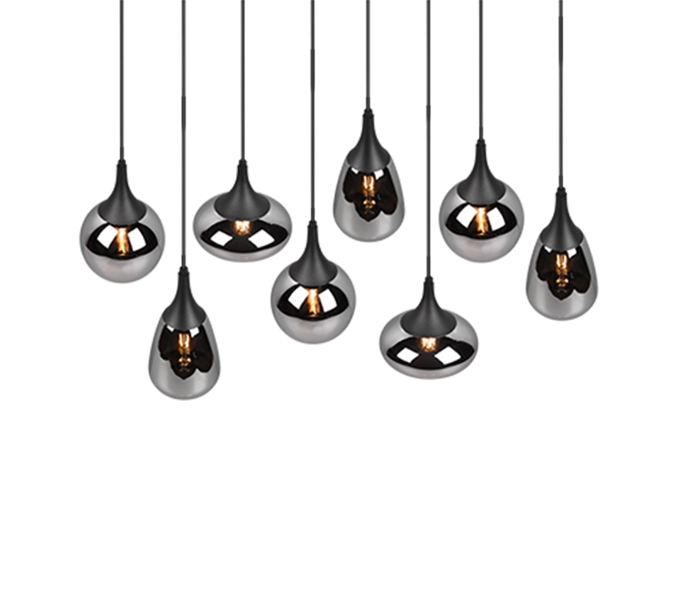 Lampada a sospensione 6 diffusori, metallo, nero e fumé, L 115 cm, Lumina
