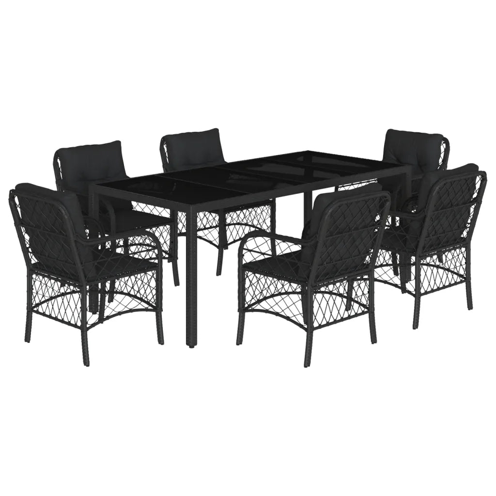 Set da Pranzo da Giardino 7 pz Nero con Cuscini in Polyrattan