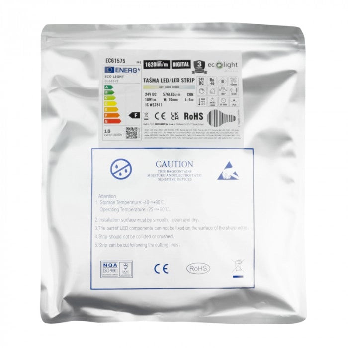 Striscia LED COB CCT digitale 24V 18W/m 1620lm/m 5m Ecolight