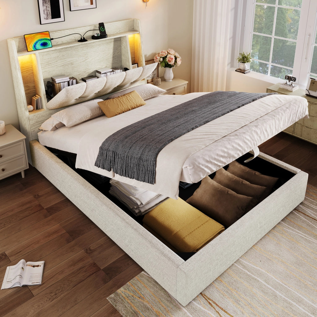 Letto imbottito 90x200 - Xylo - Beige, con funzione di ricarica USB-C