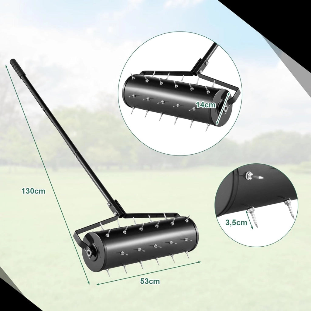 Arieggiatore per Prato a Rullo 44/53 cm, Aeratore Rullo da Giardino Manuale con Chiodi da 3,5 cm, in Metallo Antiruggine con Manico, Ideale per Prato, Orto e Terreno (53 x 130 cm, Nero)
