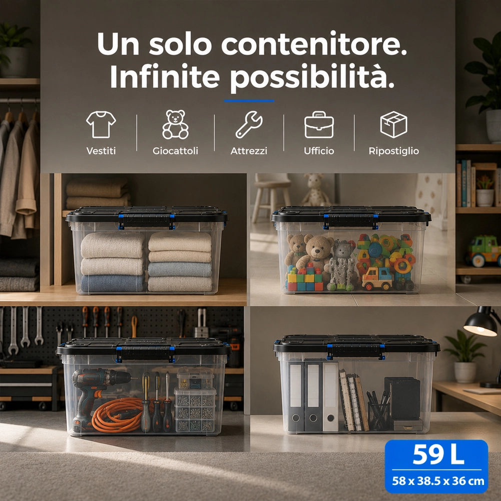 Set 4 Pezzi Contenitori con Coperchio Storage Box Solid Cargo 59L 58x38.5x36 cm