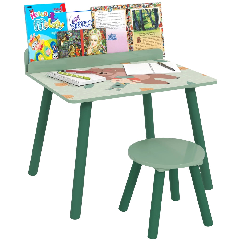 Set Tavolo e Sedia Bambini con Libreria ¨C Xylo ¨C Legno Verde per Cameretta +3 Anni