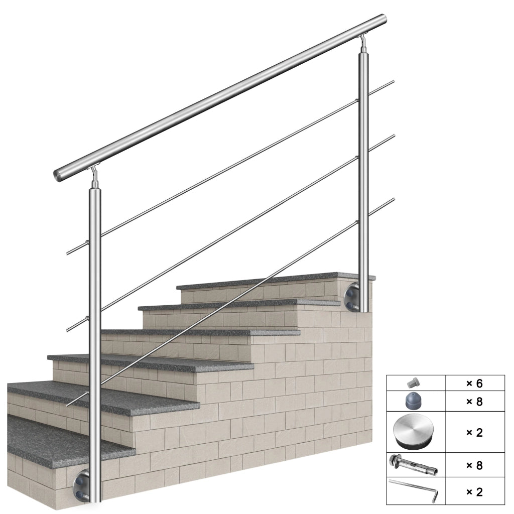 Ringhiera Balaustra Corrimano in acciaio inox 304 spazzolato per scale 180 cm, 3 barre trasversali, fissaggio laterale, per interni ed esterni