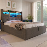 Letto singolo 90x200 cm contenitore con LED; USB C e tessuto lino grigio