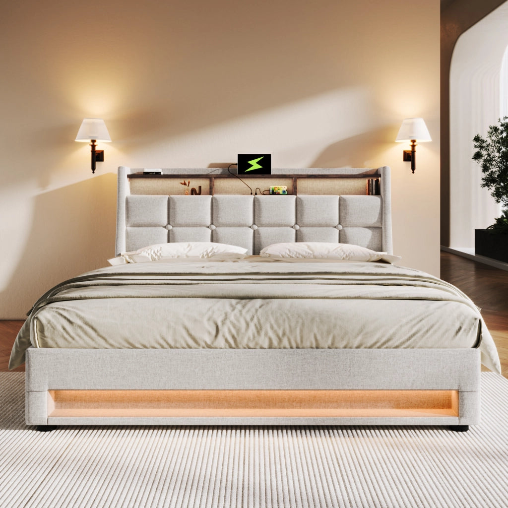Letto matrimoniale LED – 140x200 cm – USB rete metallica – lino beige