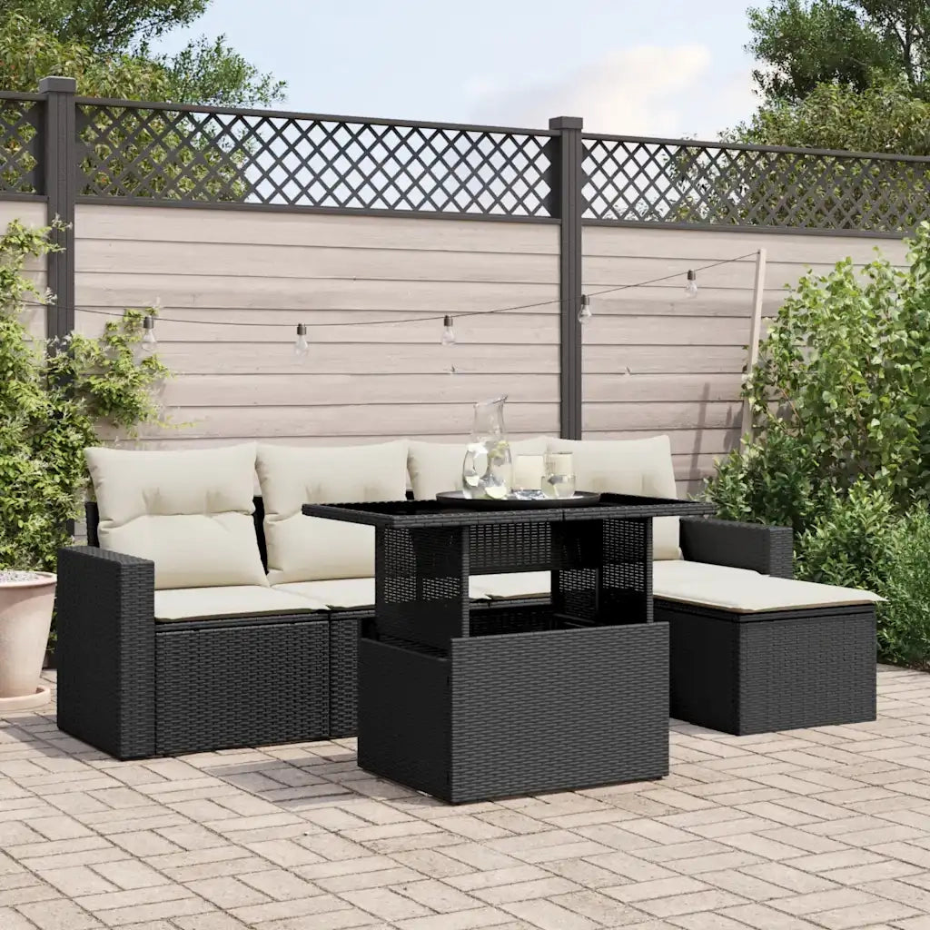 Set Divano da Giardino 6 pz con Cuscini Nero in Polyrattan