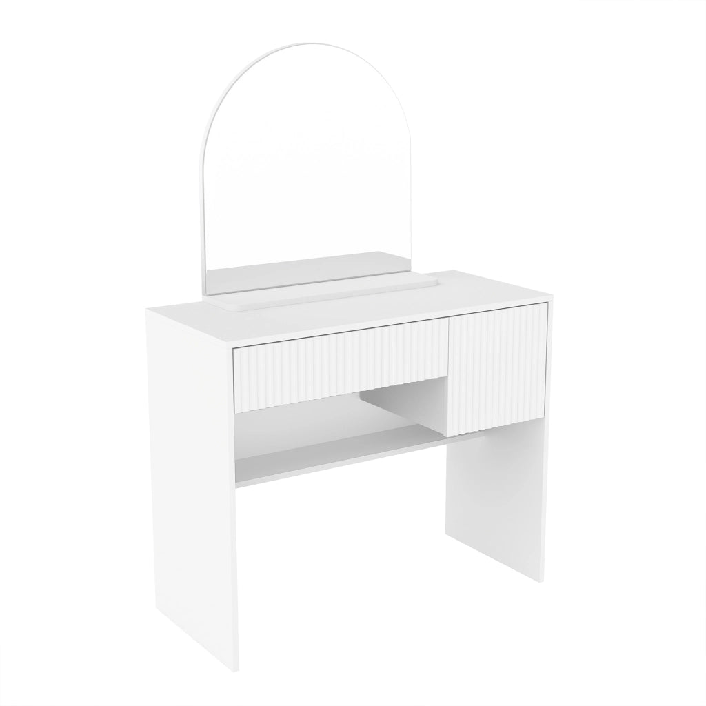 Tavolo trucco con specchio arcuato, 2 cassetti, design moderno, bianco, MDF