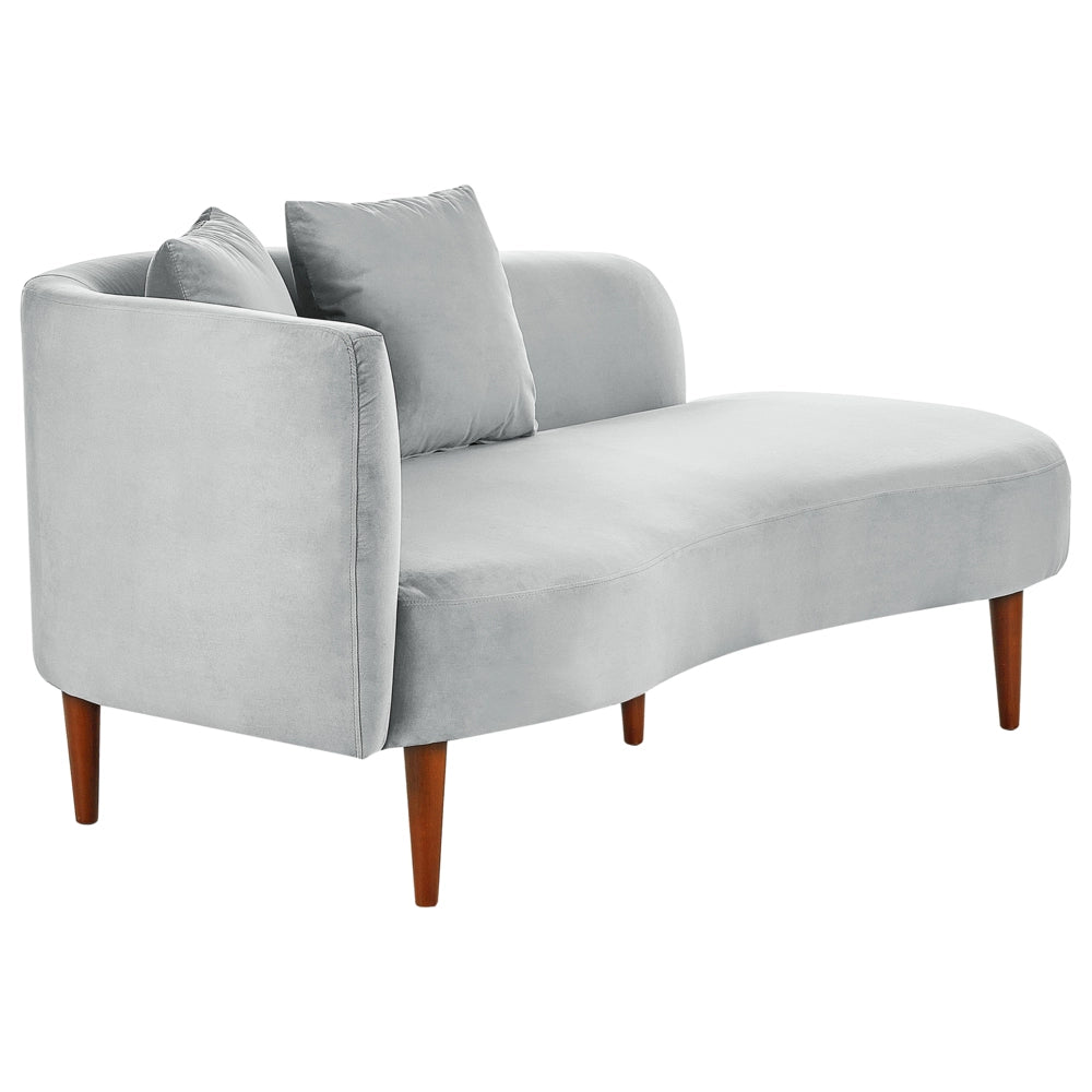Chaise Lounge in velluto grigio chiaro lato sinistro gambe in legno scuro design moderno