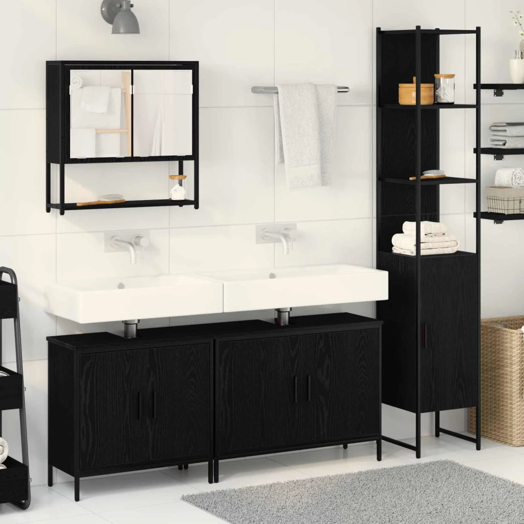 Set di mobili per il Bagno | Armadio da bagno 4 pz Nero Legno multistrato
