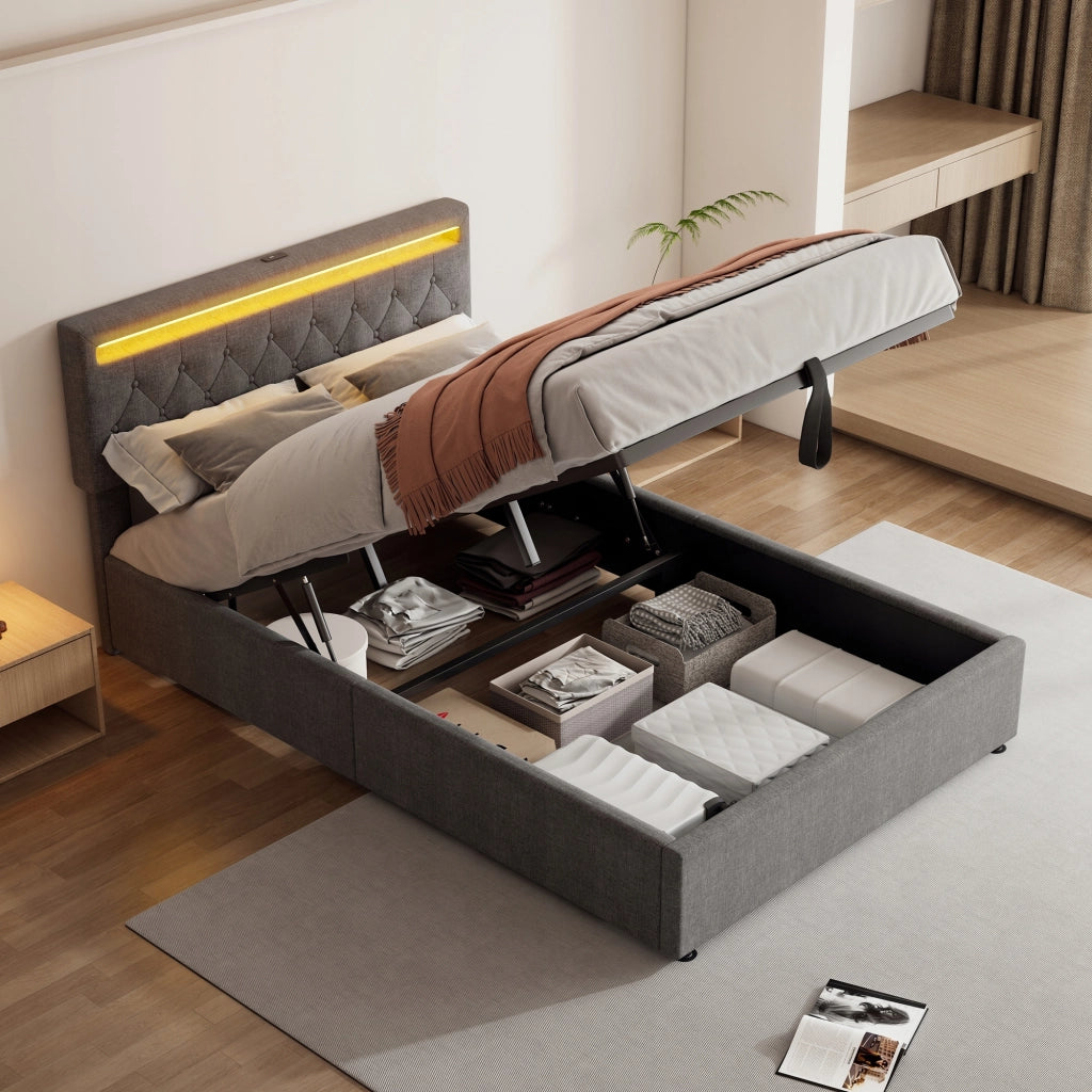 Letto 140x200 con LED e USB - Xylo - Idraulico, Grigio