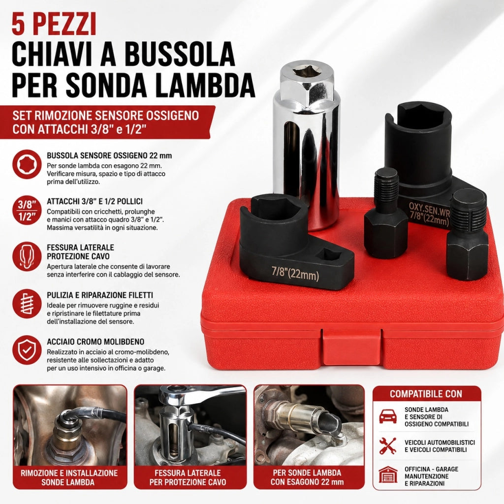 Set di 5 Chiavi per Sonde Lambda 22mm con Attacco da 3/8" e 1/2"