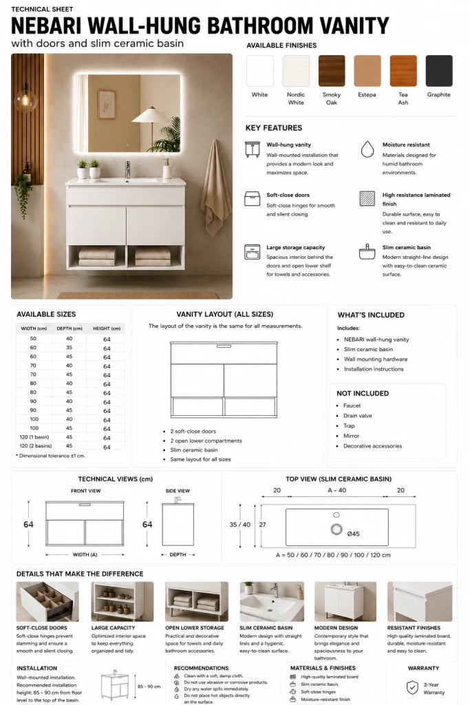 Mobile bagno sospeso con lavabo extrapiano ORIGENBATH NEBARI senza specchio 100x40 cm bianco
