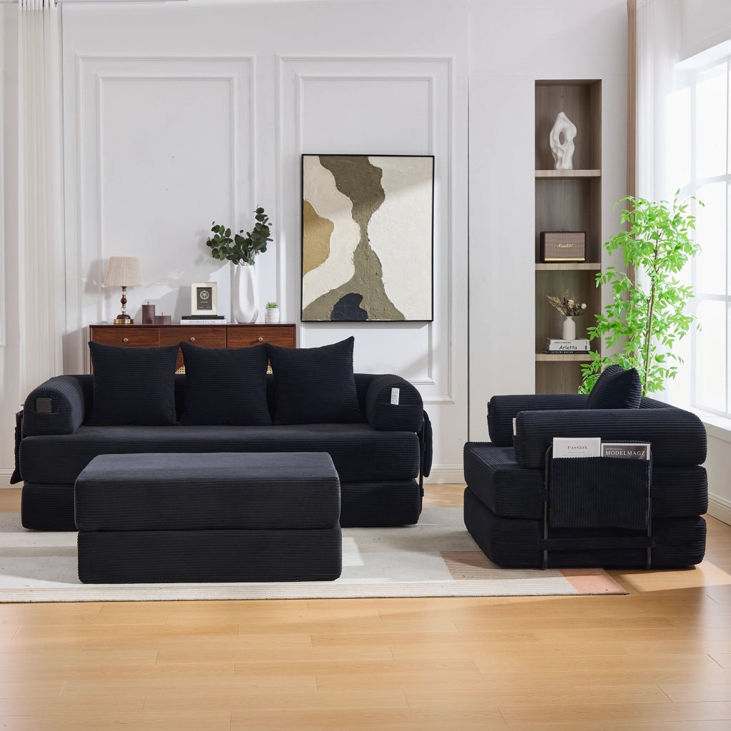 DIVANO Modulare in velluto a coste nero con pouf e cuscini