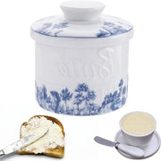 Vaso Ceramico con Copertura e Cucchiaio - Stile Rustico - Bianco e Blu