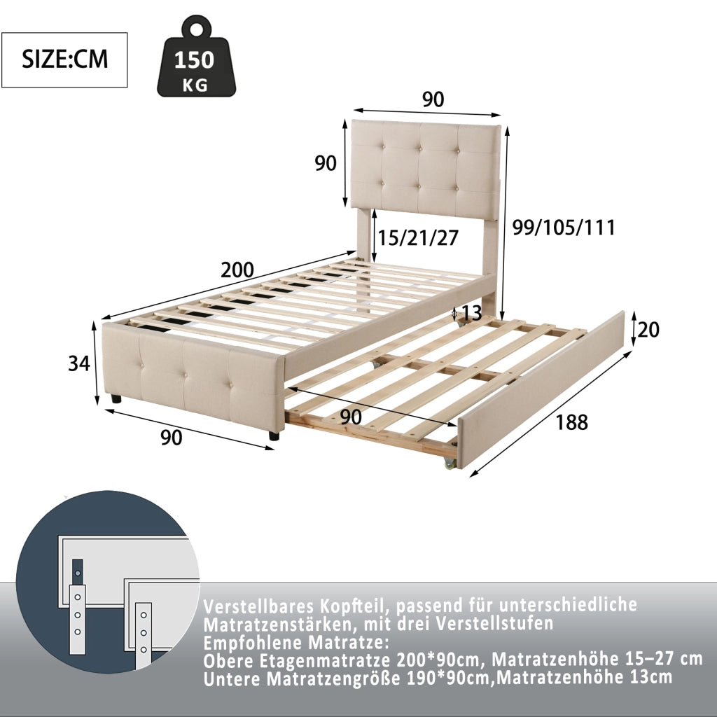 letto imbottito lino beige 90 x 200 cm