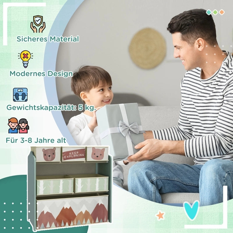 Armadio per bambini con 6 scatole in tessuto, design grazioso, 63x30x66 cm, verde