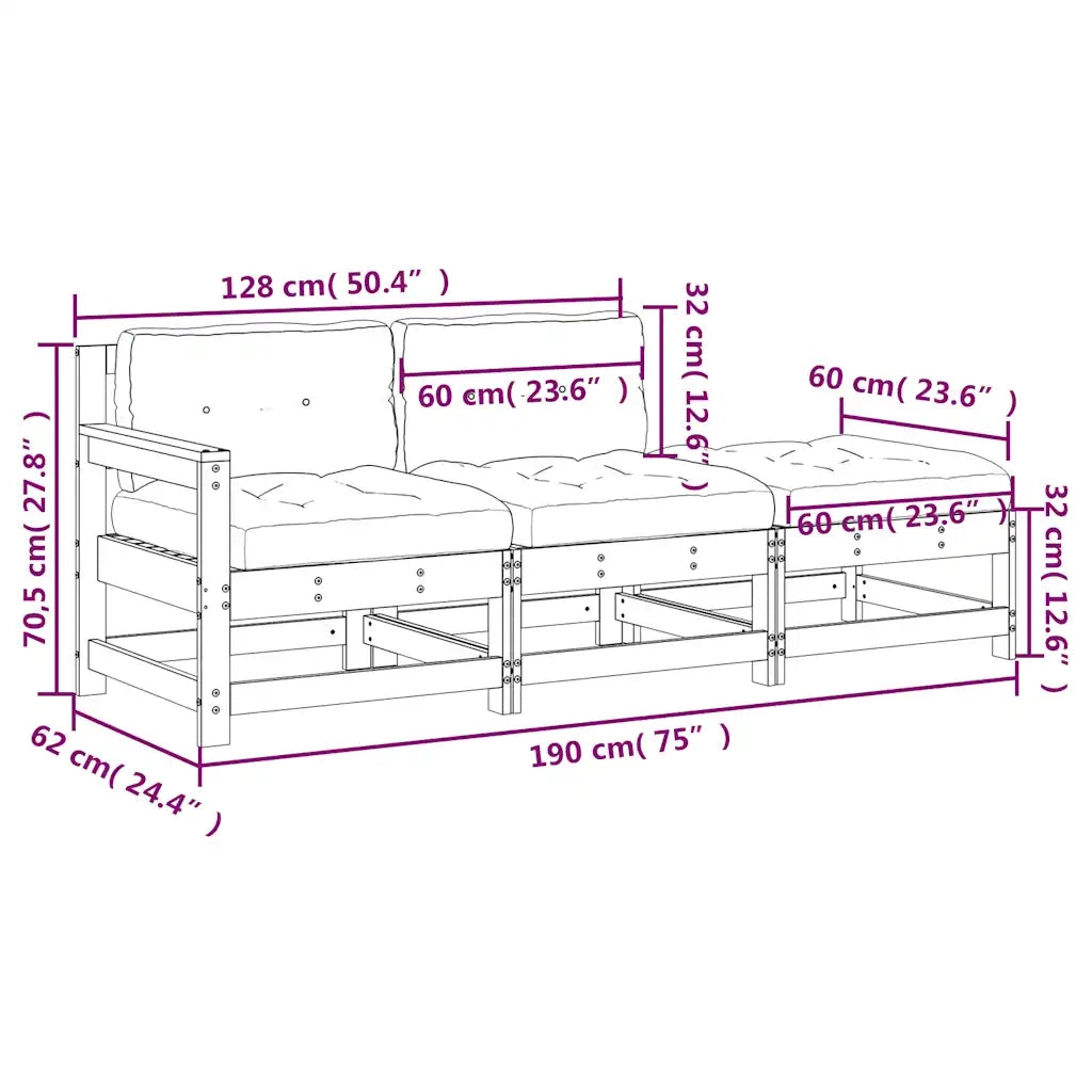 Set Divani da Giardino 3pz | Set Salotto da Giardino con Cuscini in Legno Massello Bianco