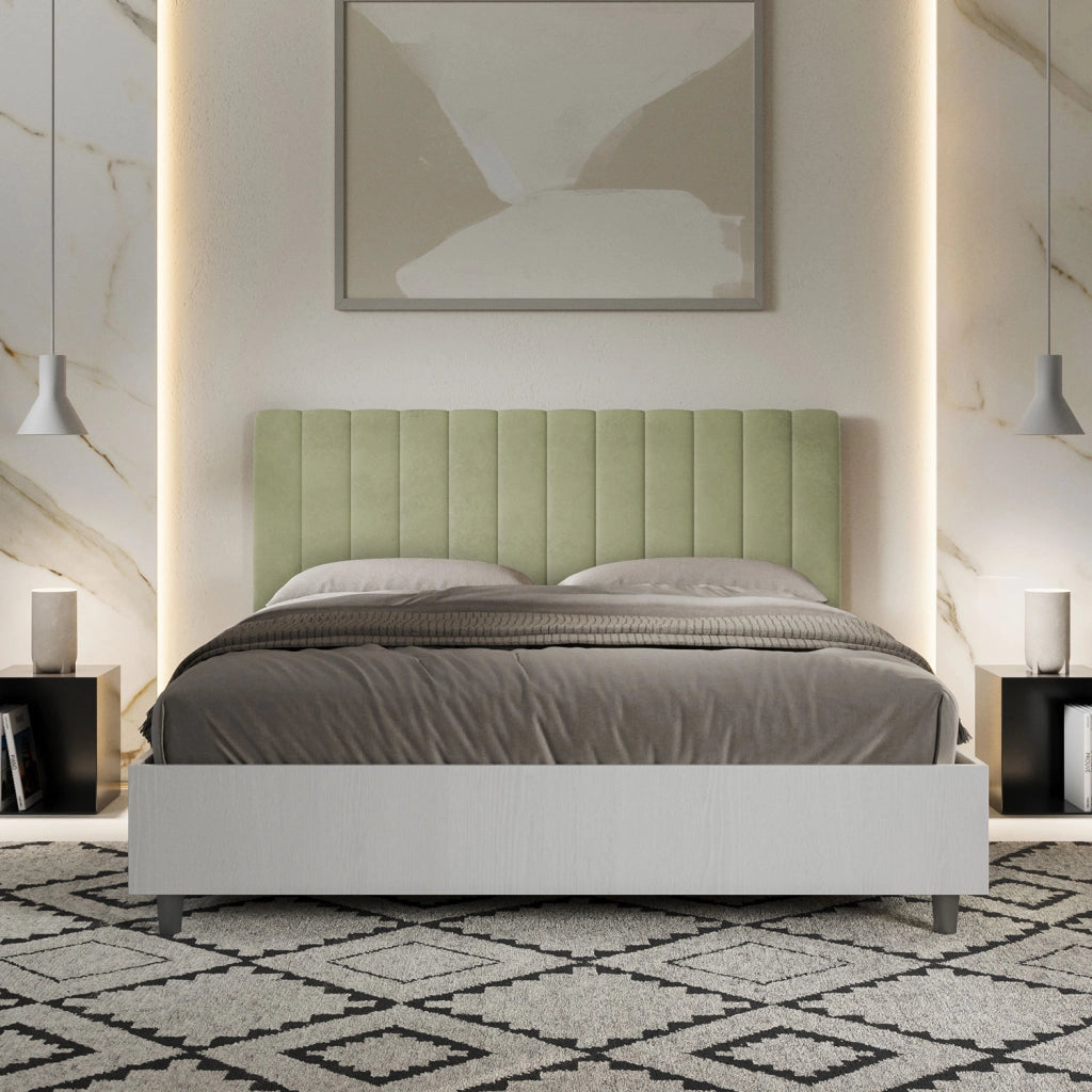 BS COM Letto matrimoniale con rete 160x200 bianco frassino testata microfibra tè verde