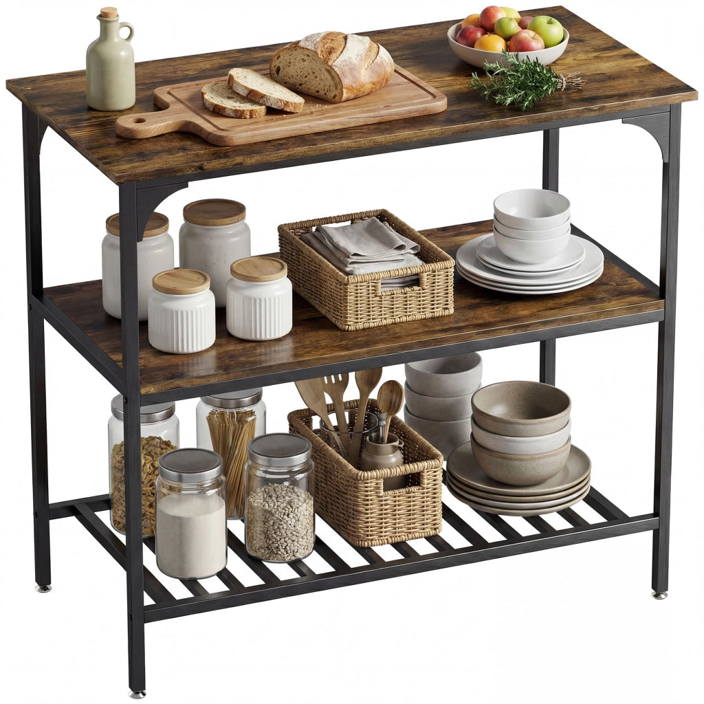 Scaffale da cucina rustico ¨C zephmum ¨C 3 ripiani, in acciaio, marrone e nero