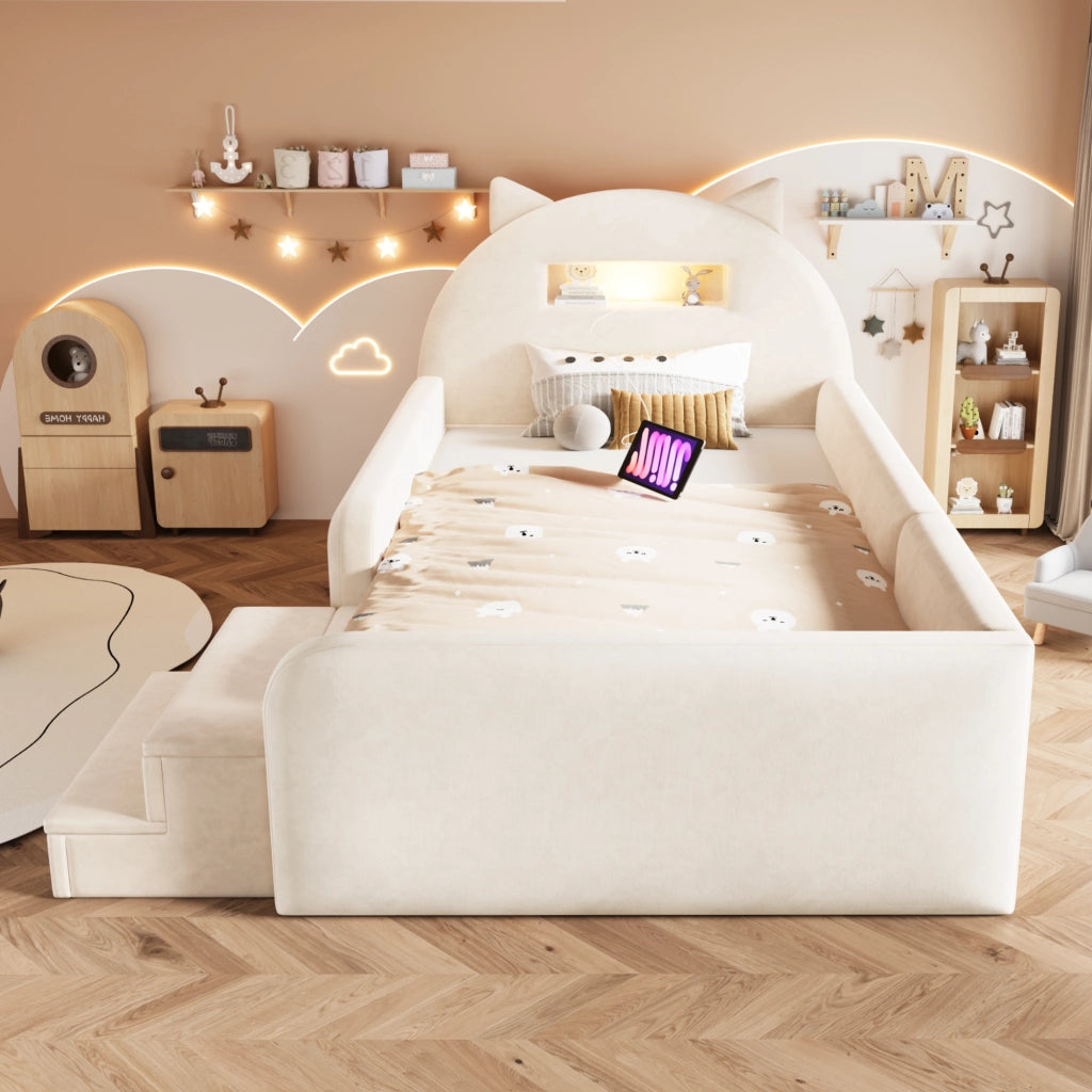 Letto imbottito per bambini 90x200 cm in velluto con testiera a orecchie, luci notturne, USB e 4 cassetti, beige
