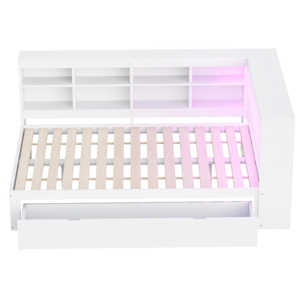 Divano letto 140x200 cm; con USB e LED; legno bianco