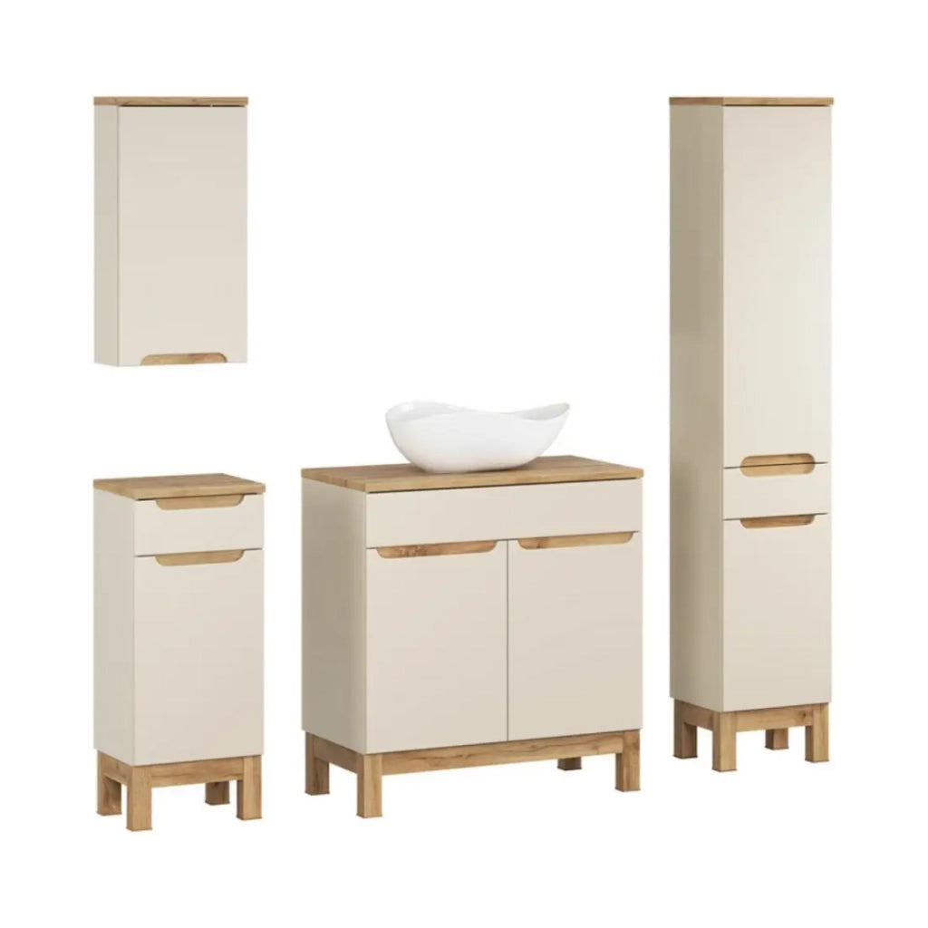 Set ERMANO cashmere e effetto quercia 150cm: mobile sottolavabo + lavabo da appoggio + mobili sospesi e da appoggio