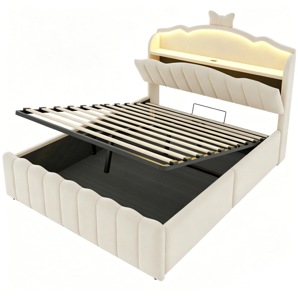 Letto per bambini imbottito 140x200 cm in velluto beige con contenitore; LED e porte USB