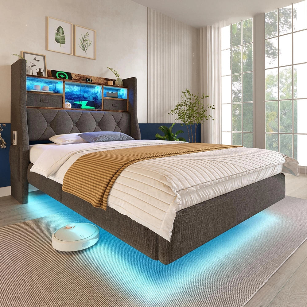Letto sospeso 90x200cm?- Xylo - LED USB Type-C lino grigio