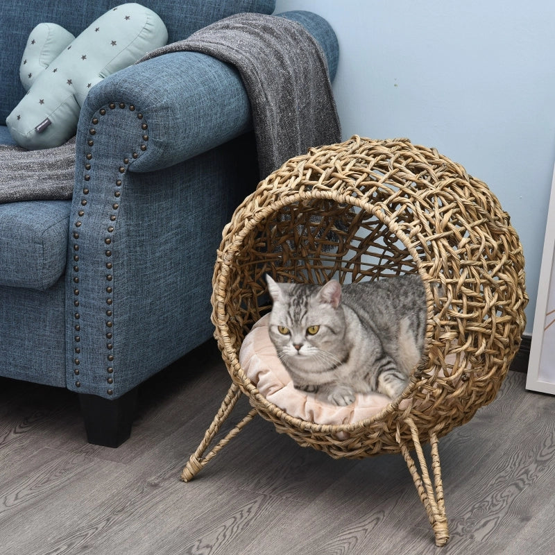 Cuccia per gatti in rattan PE con cuscino e piedi rialzati, colore marrone