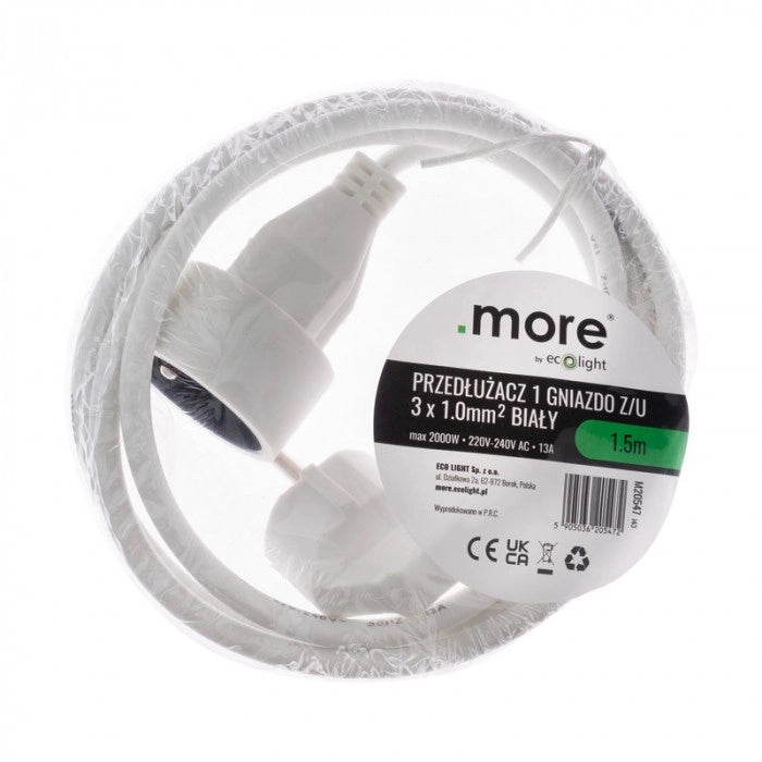 Prolunga elettrica 1 presa 1,5 m con terra bianca Ecolight