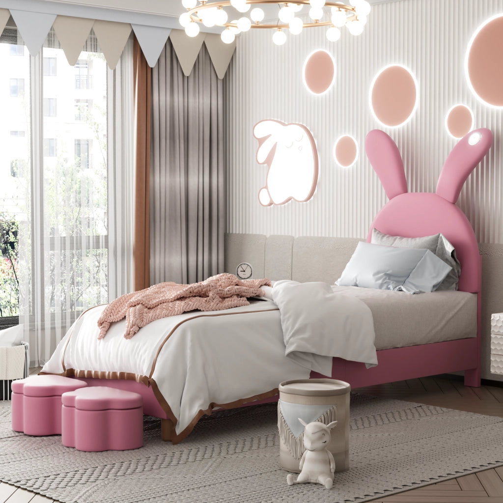 Letto Singolo 90x200 cm; con 2 bauli; LED e orecchie pieghevoli - in velluto rosa