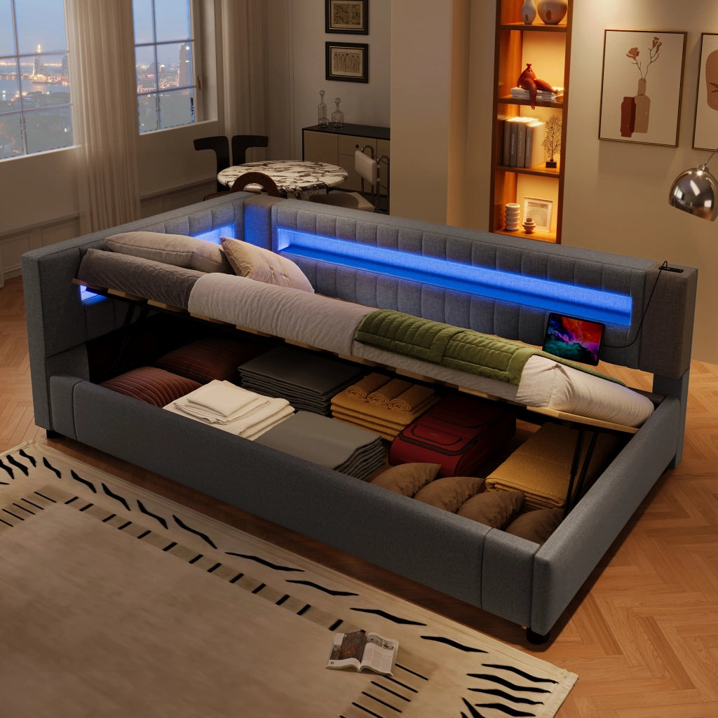 Daybed in lino grigio 90x200 LED a piè letto sollevamento idraulico USB/Type-C