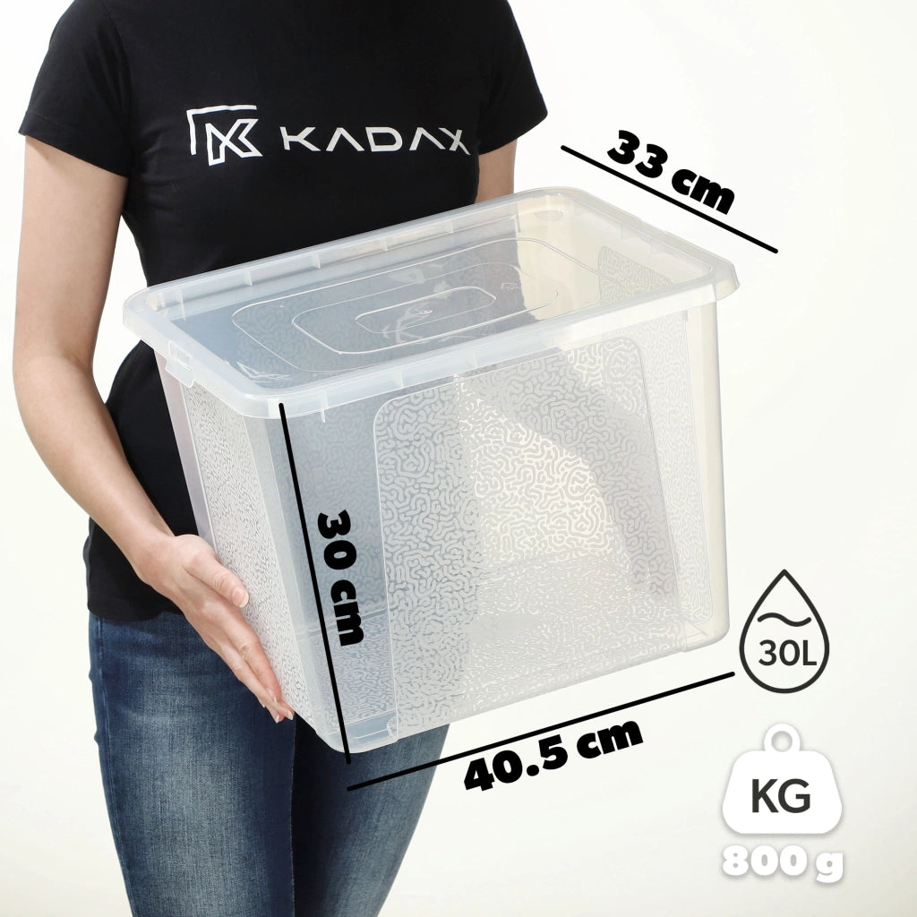 Contenitore in plastica KADAX da 30 litri con coperchio, trasparente e richiudibile, grande scatola