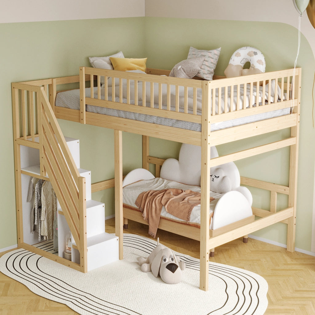 Letto a soppalco in legno massiccio 140x200 con scala contenitore e sponda alta