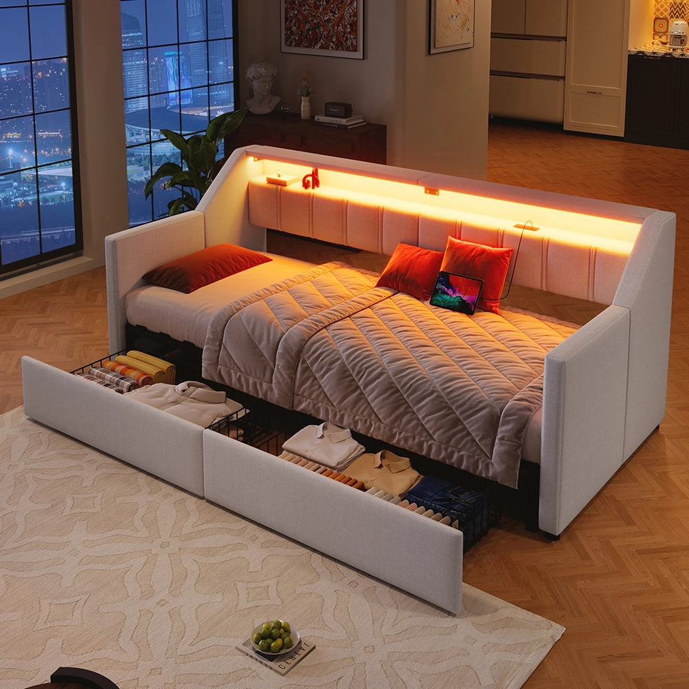 Daybed - Xylo - 90x200 cm LED USB 2 cassetti beige