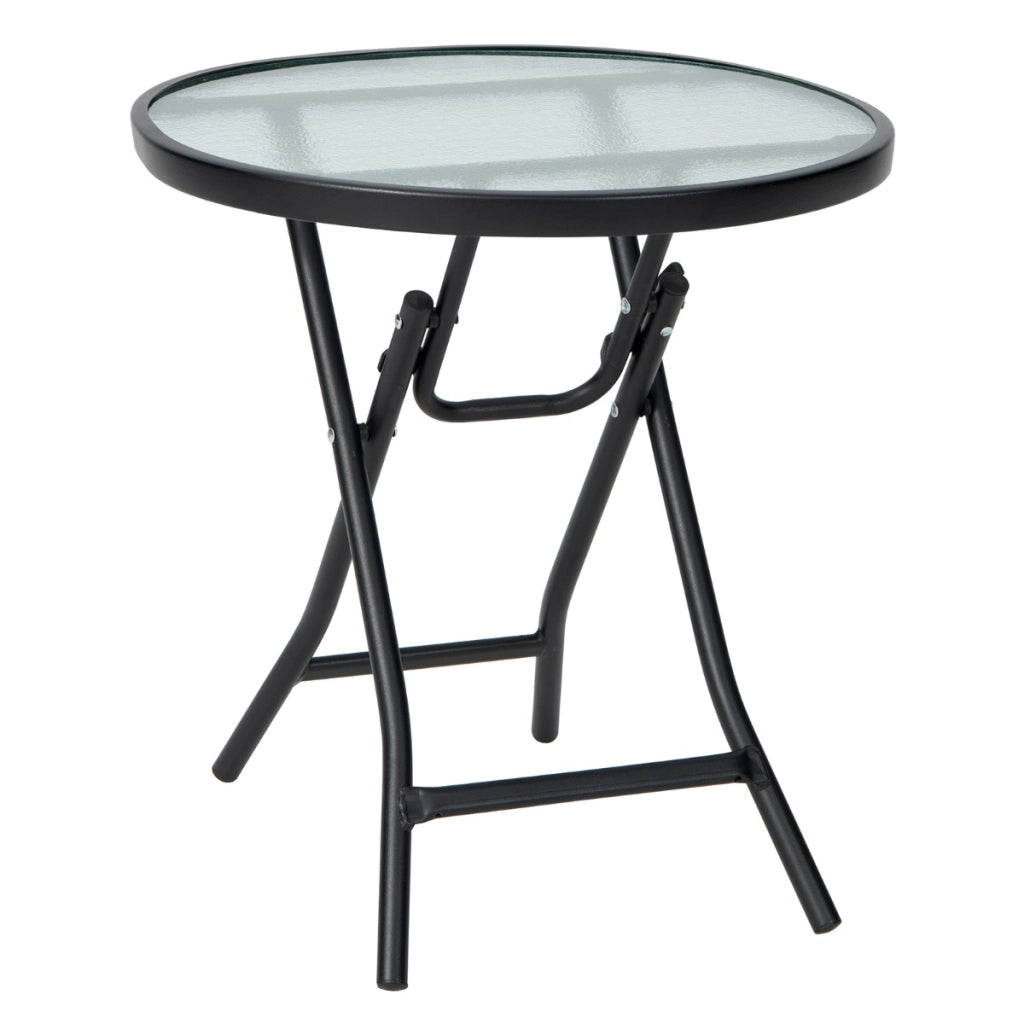 Tavolo rotondo da pranzo per patio con piano in vetro temperato, Tavolo con telaio antiruggine e struttura a X-Tavoli da esterno