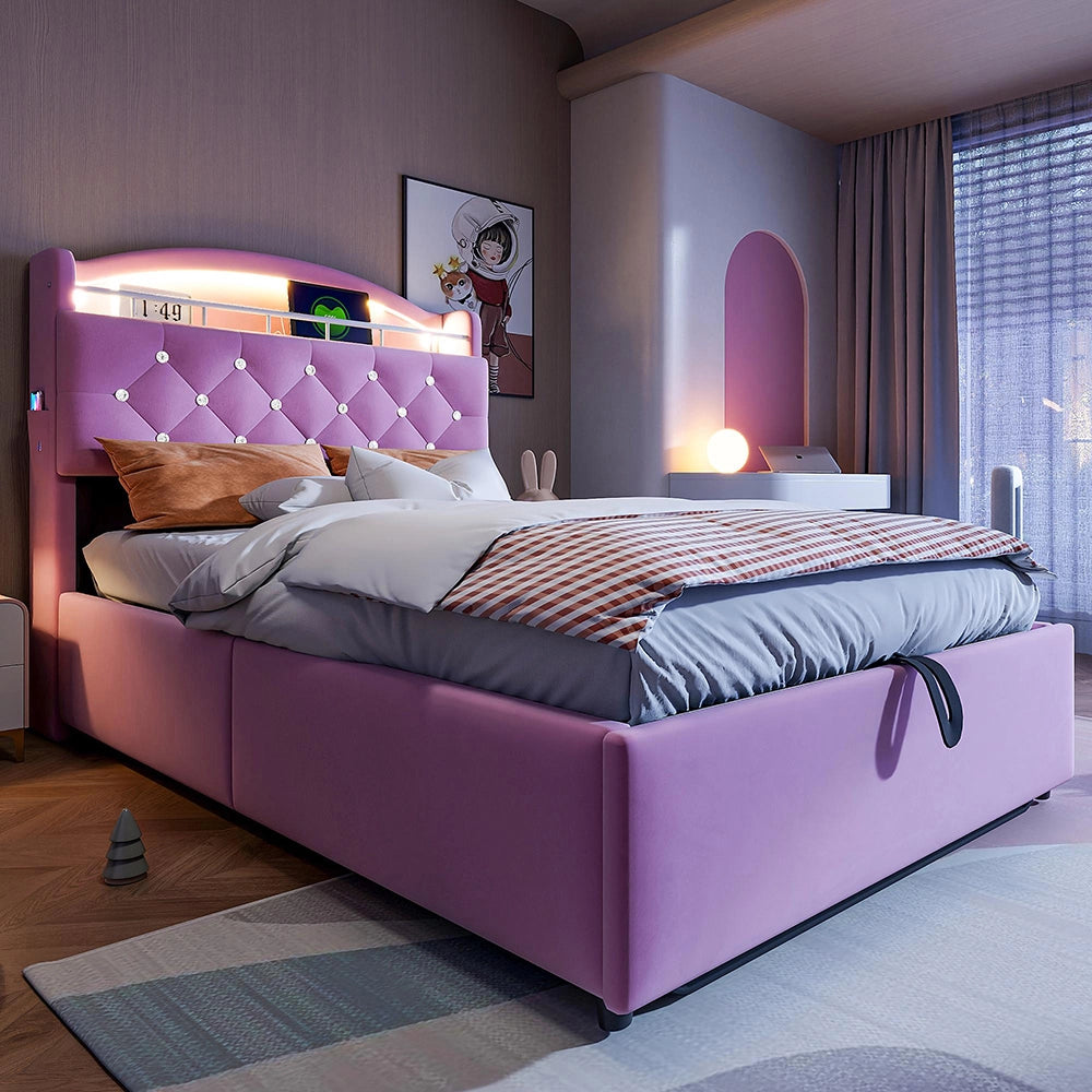 Letto bambino-Xylo-90x200 cm-LED, USB, spazio idraulico, velluto rosa