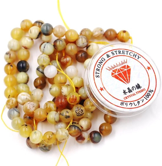 Collezione di perle con corda per l'arte di fare gioielli Perle in vetro per uso DIY Piastrine energetiche per bracciale curativo 6 mm = 128 pezzi e 1 rotolo di filo Perla gialla opale A 6 mm