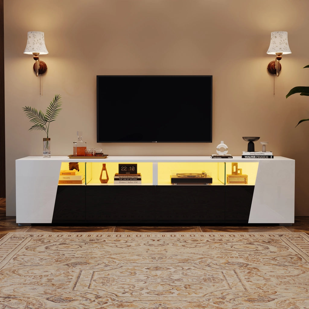 Mobile TV stand bianco e nero in MDF e vetro; lunghezza 180 cm