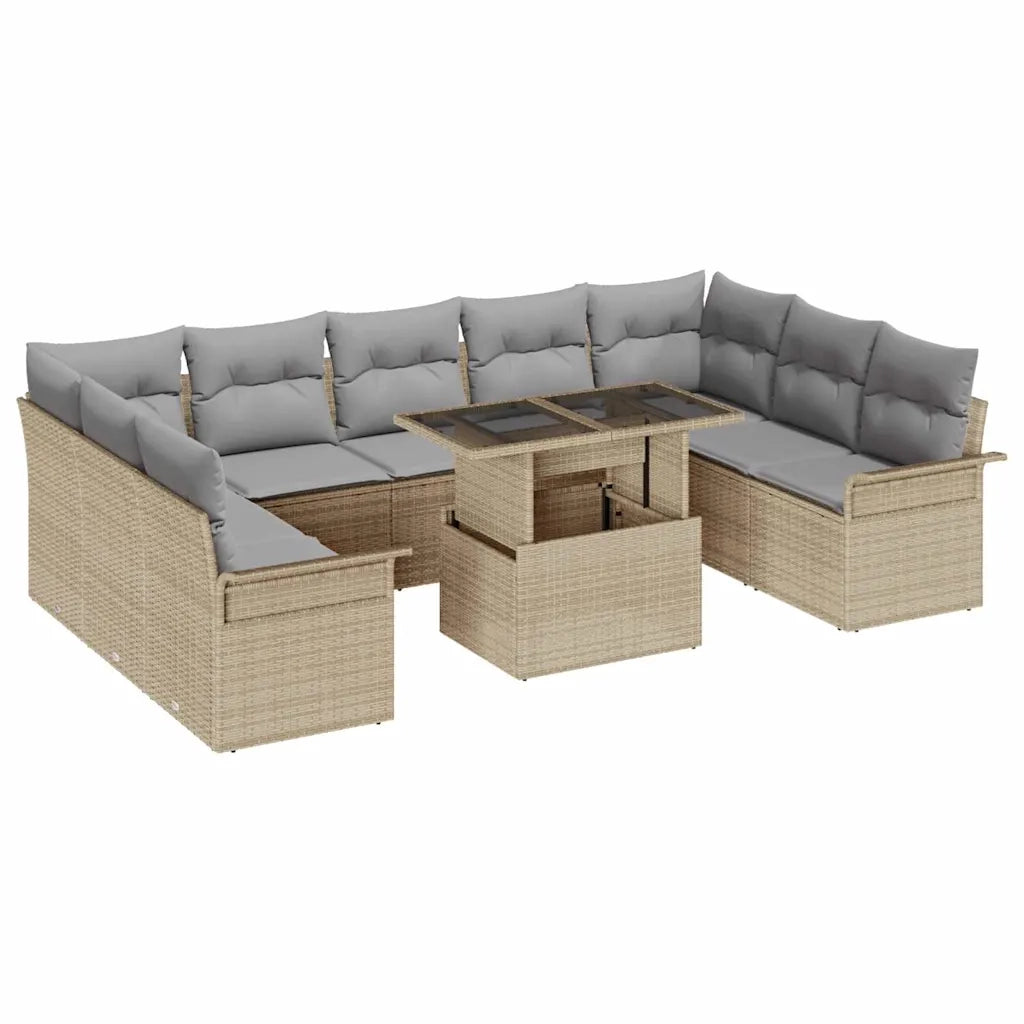 Set Divano da Giardino con cuscino 10 pcs Beige Poly Rattan