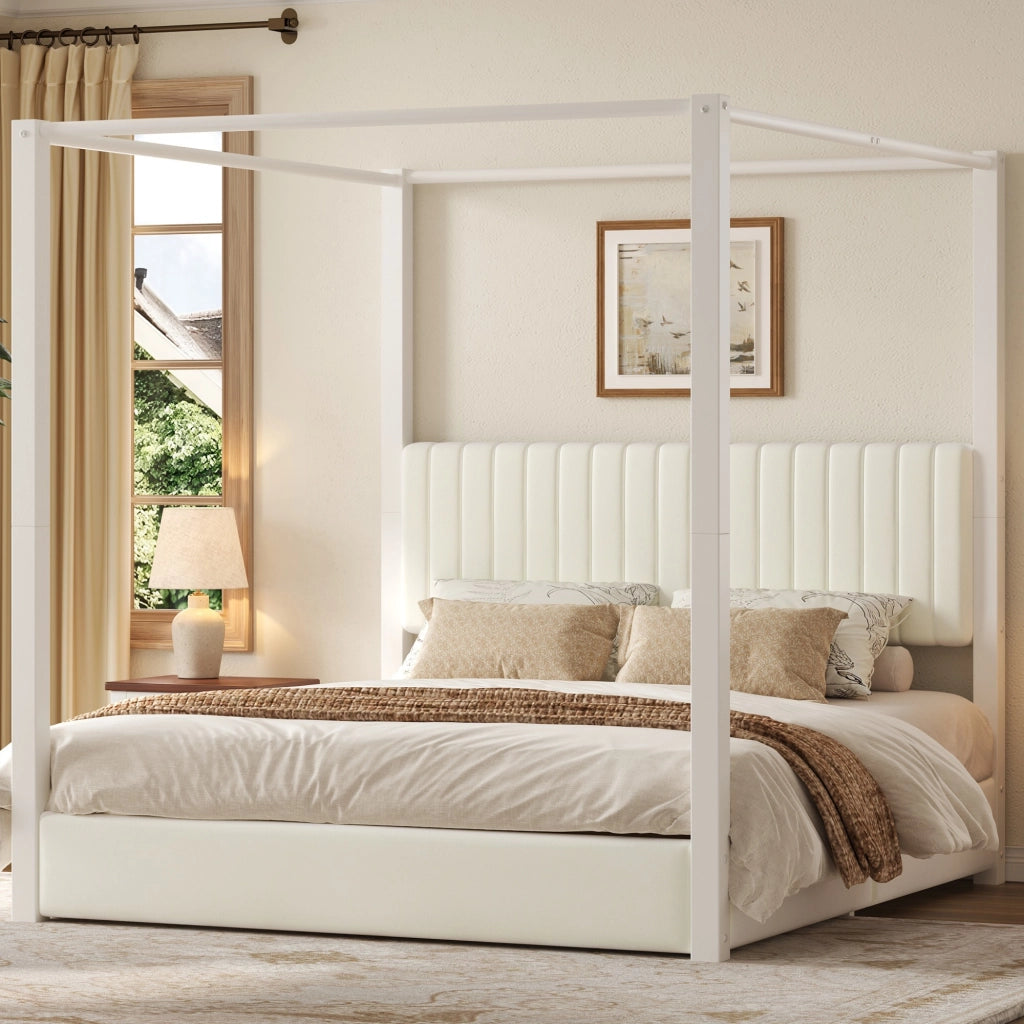 LETTO a baldacchino 180x200 cm in velluto Beige e Bianco